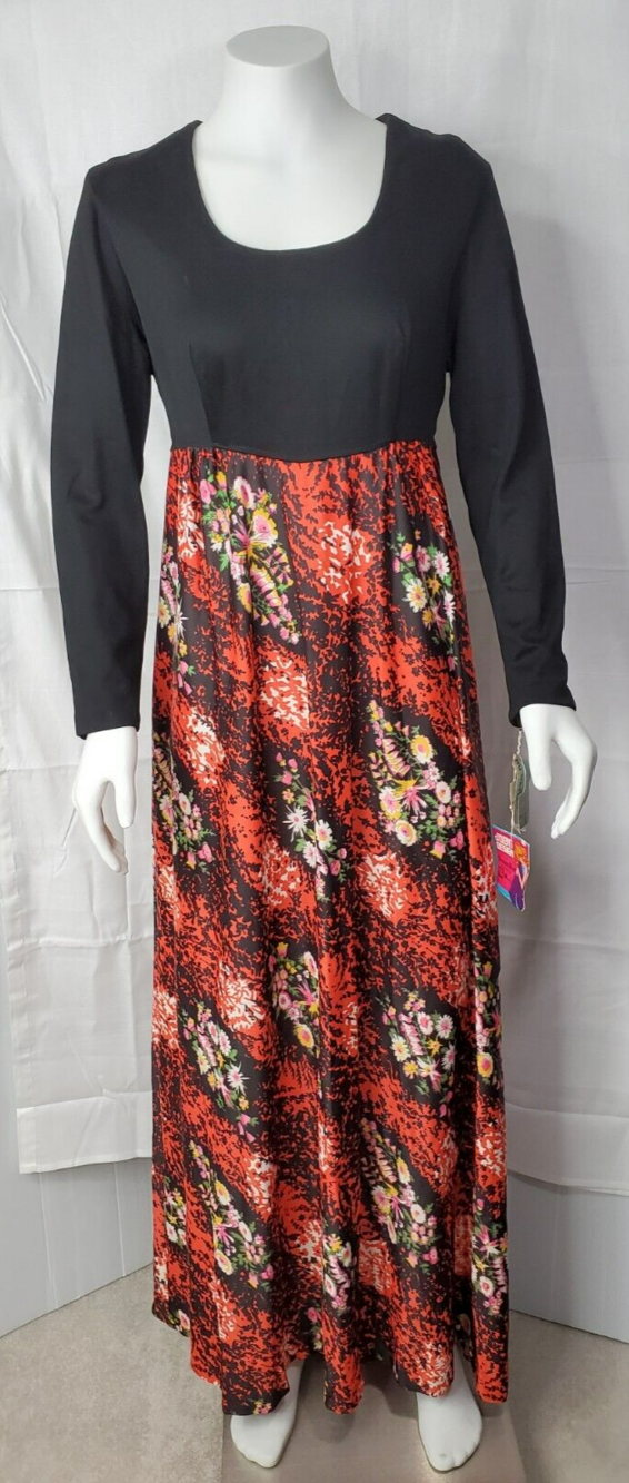 Vintage Judy's design longsleeve long dress 14 Acetate Pickwick print NOS 60-70s
